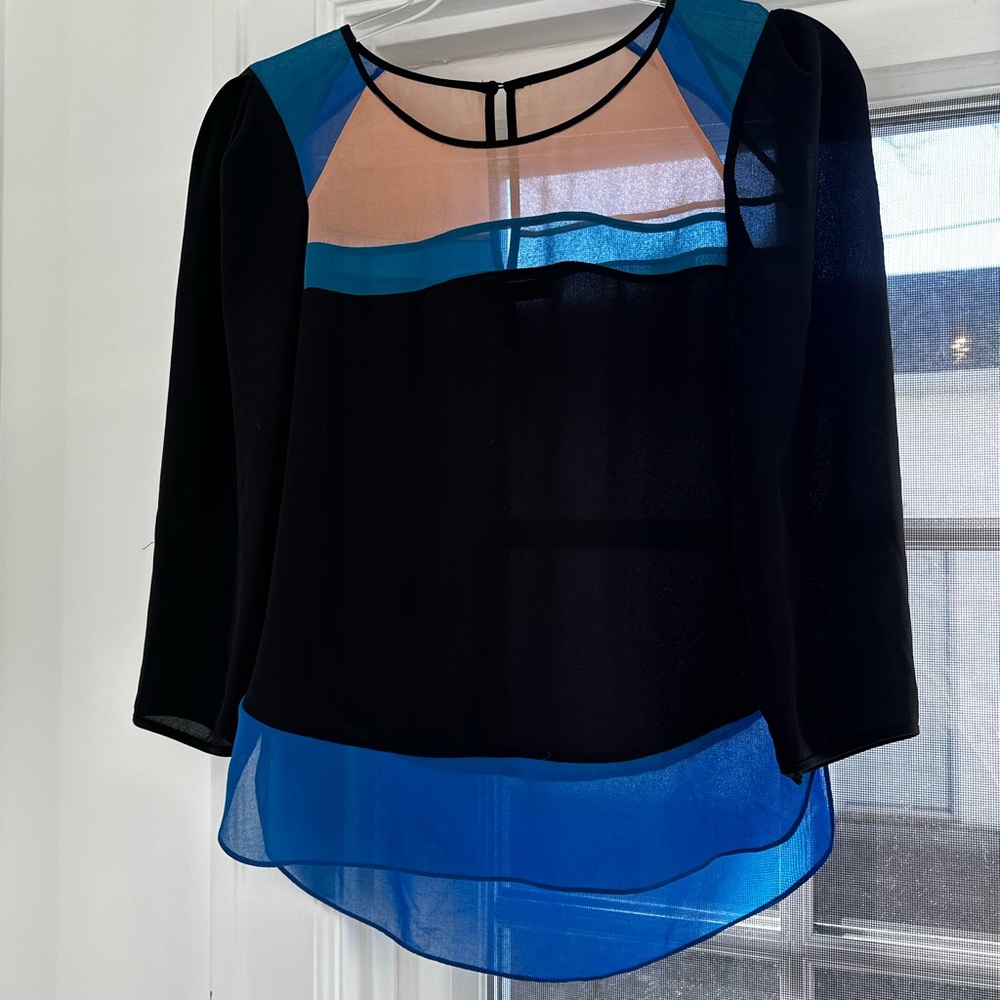 BCBGMaxAzria Black and Blue Asymmetrical Sheer 3/4 Sleeve Blouse